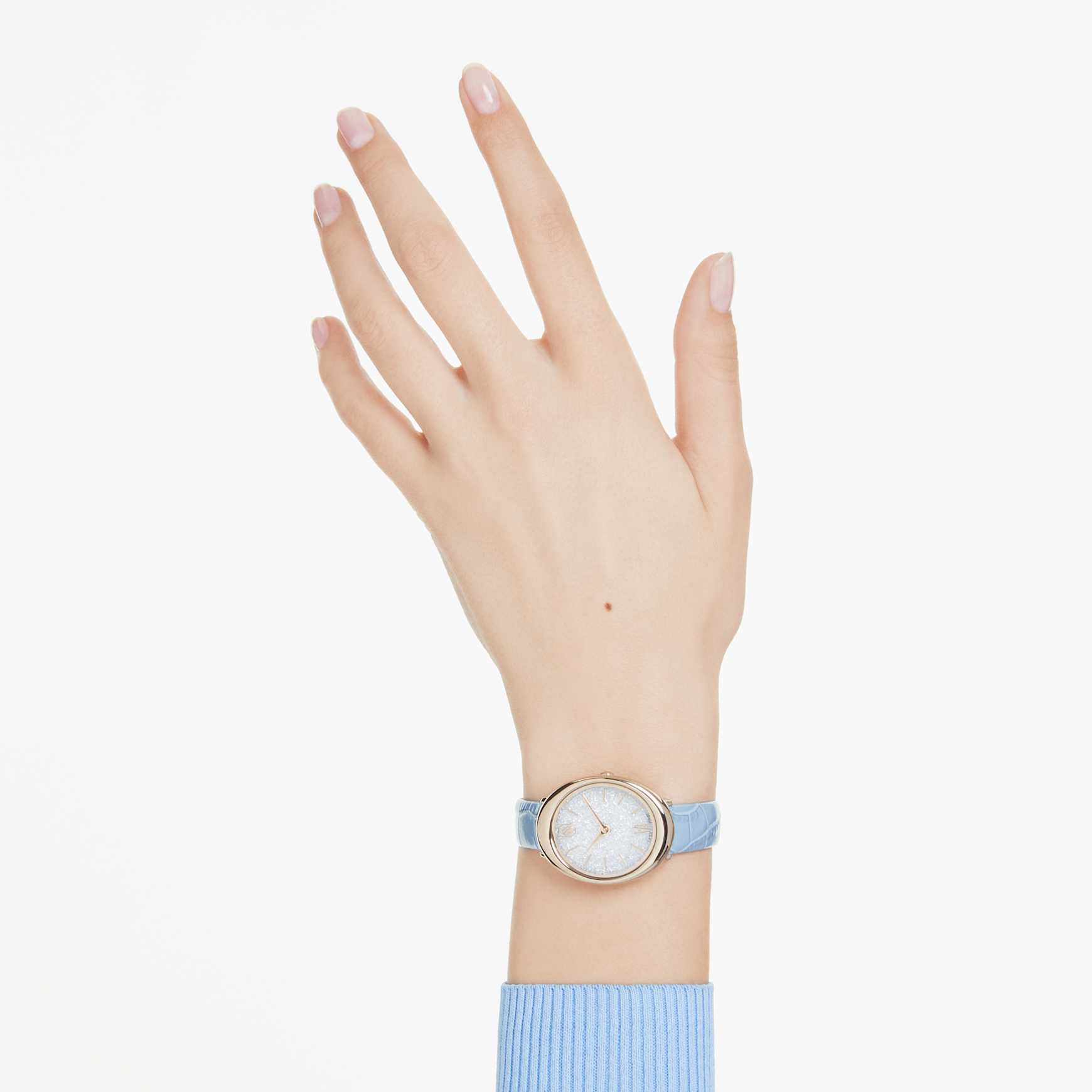 Imber oval watch, Swiss Made, Leather strap, Blue, Champagne gold-tone finish by SWAROVSKI