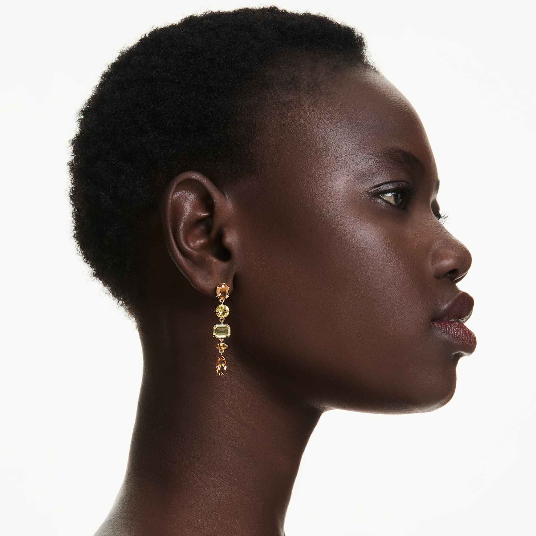 Gema drop earrings, Asymmetrical design, Mixed cuts, Long, Yellow, Gold-tone plated by SWAROVSKI