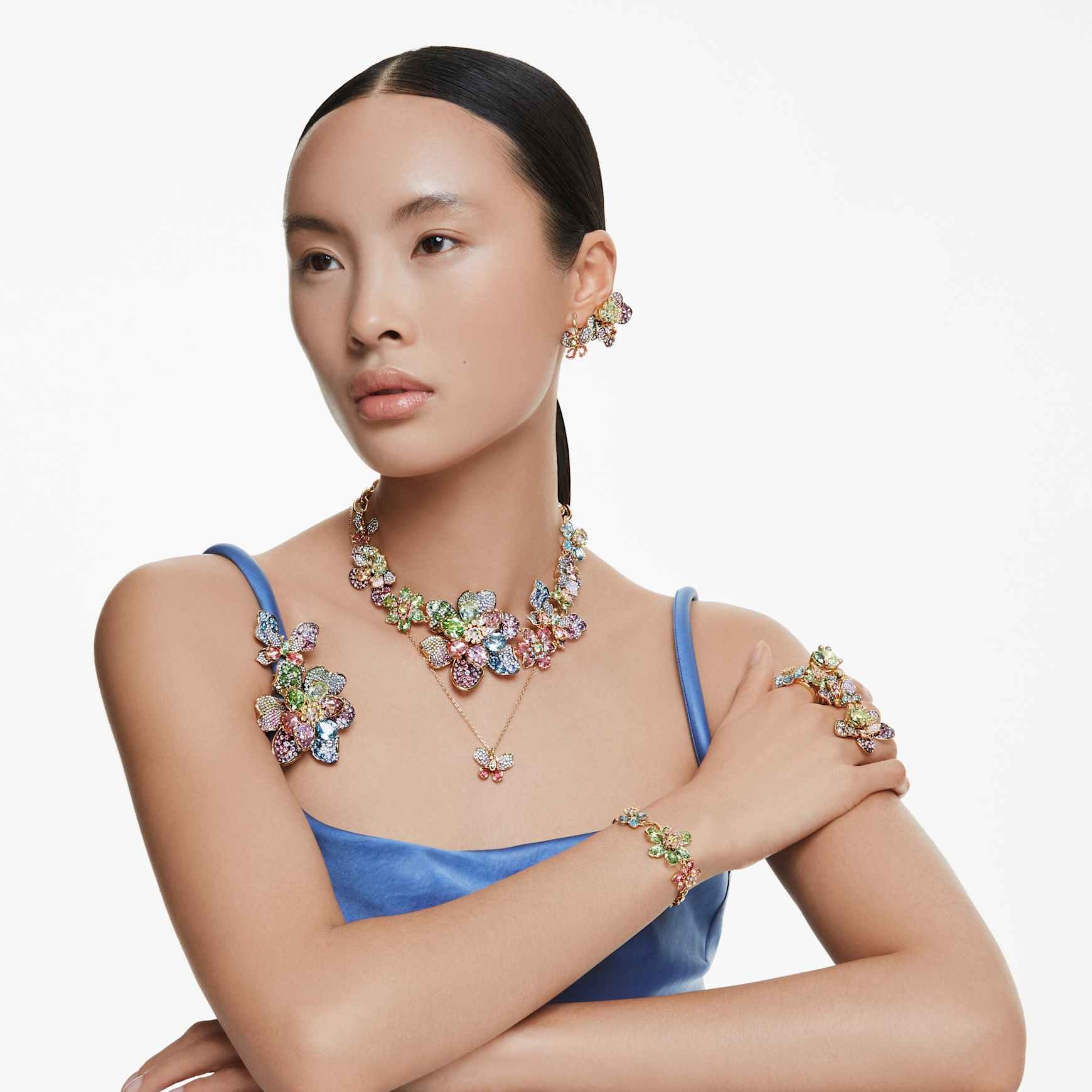Idyllia open ring, Mixed cuts, Flower, Green, 18K gold finish