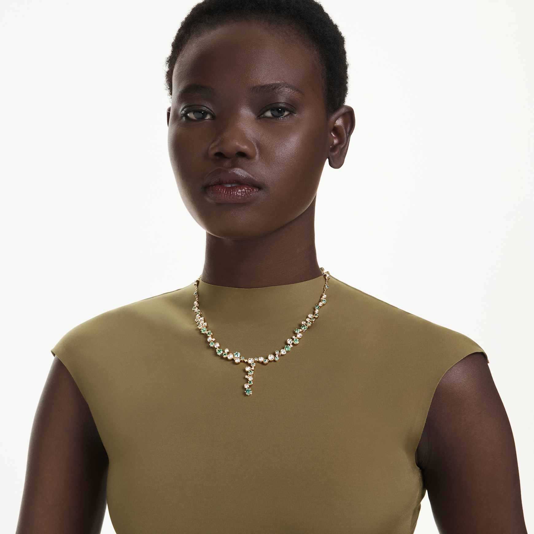 Constella Y necklace, Mixed cuts, Green, Gold-tone plated by SWAROVSKI