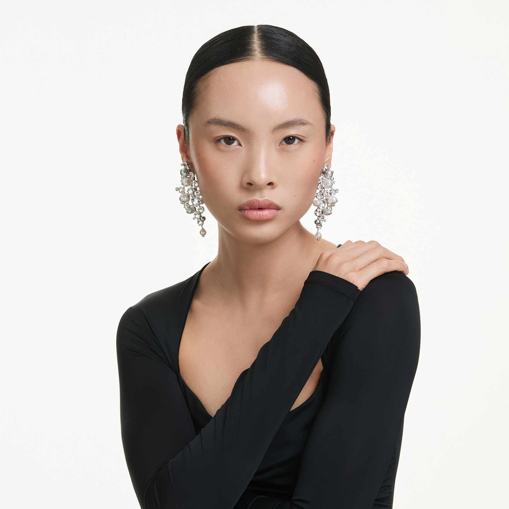 Constella earrings, Crystal pearl, Round cut, White, Rhodium plated by SWAROVSKI