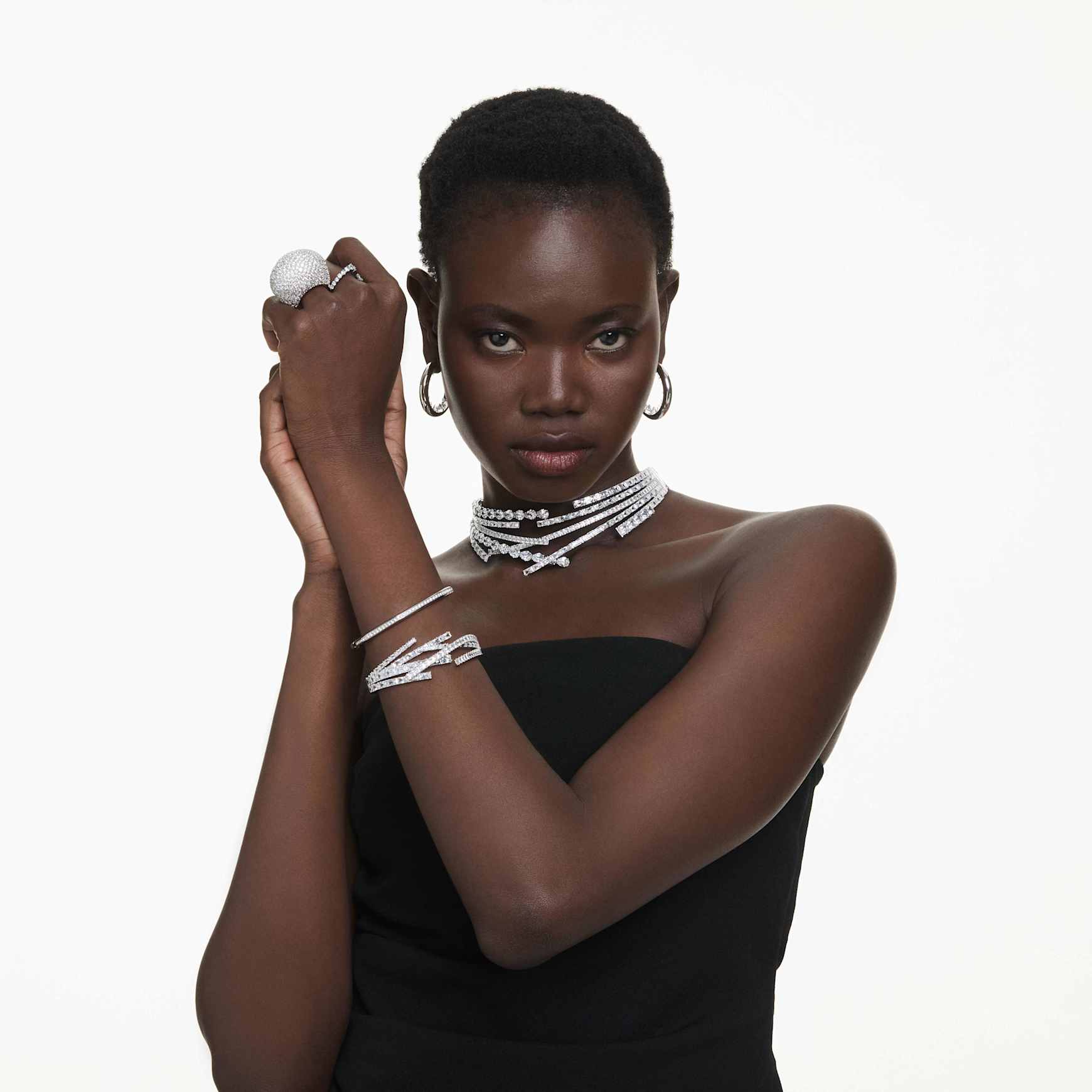 Sublima open ring, Mixed cuts, White, Ruthenium plated