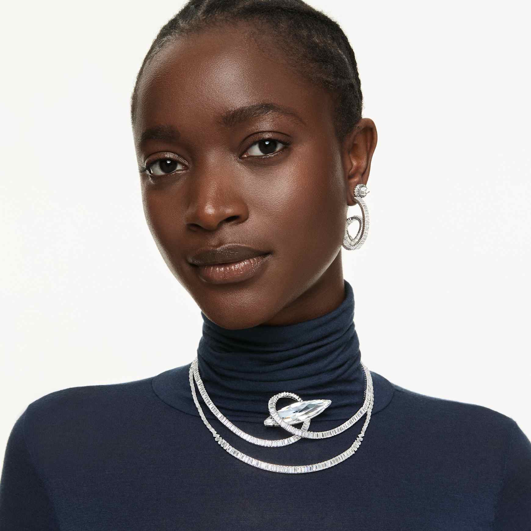 Matrix necklace, Baguette cut, White, Rhodium plated by SWAROVSKI