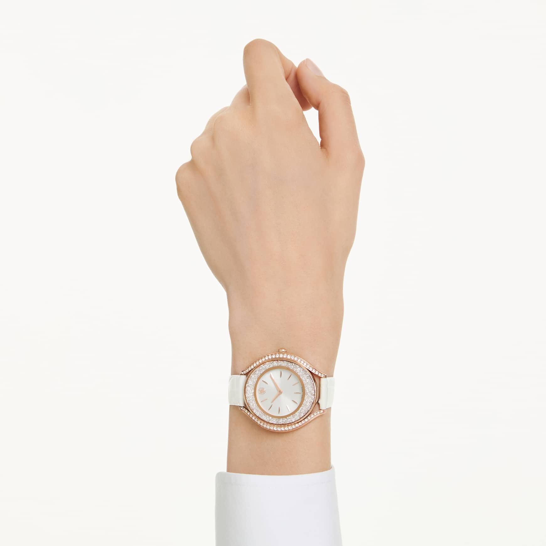 Crystalline aura watch, Swiss Made, Leather strap, White, Rose gold-tone finish by SWAROVSKI
