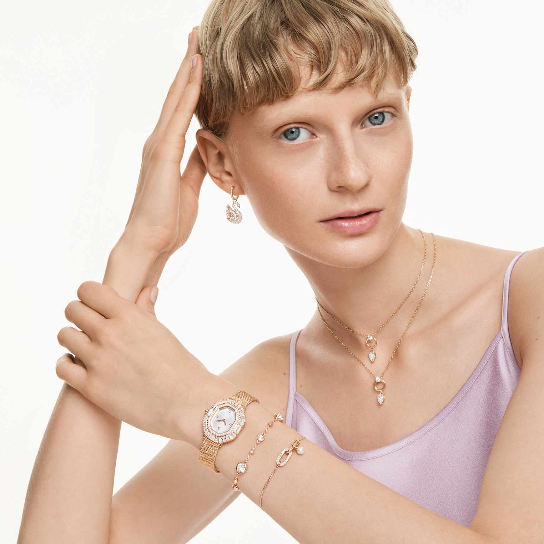Imber bracelet, Round cut, White, 18K rose gold finish