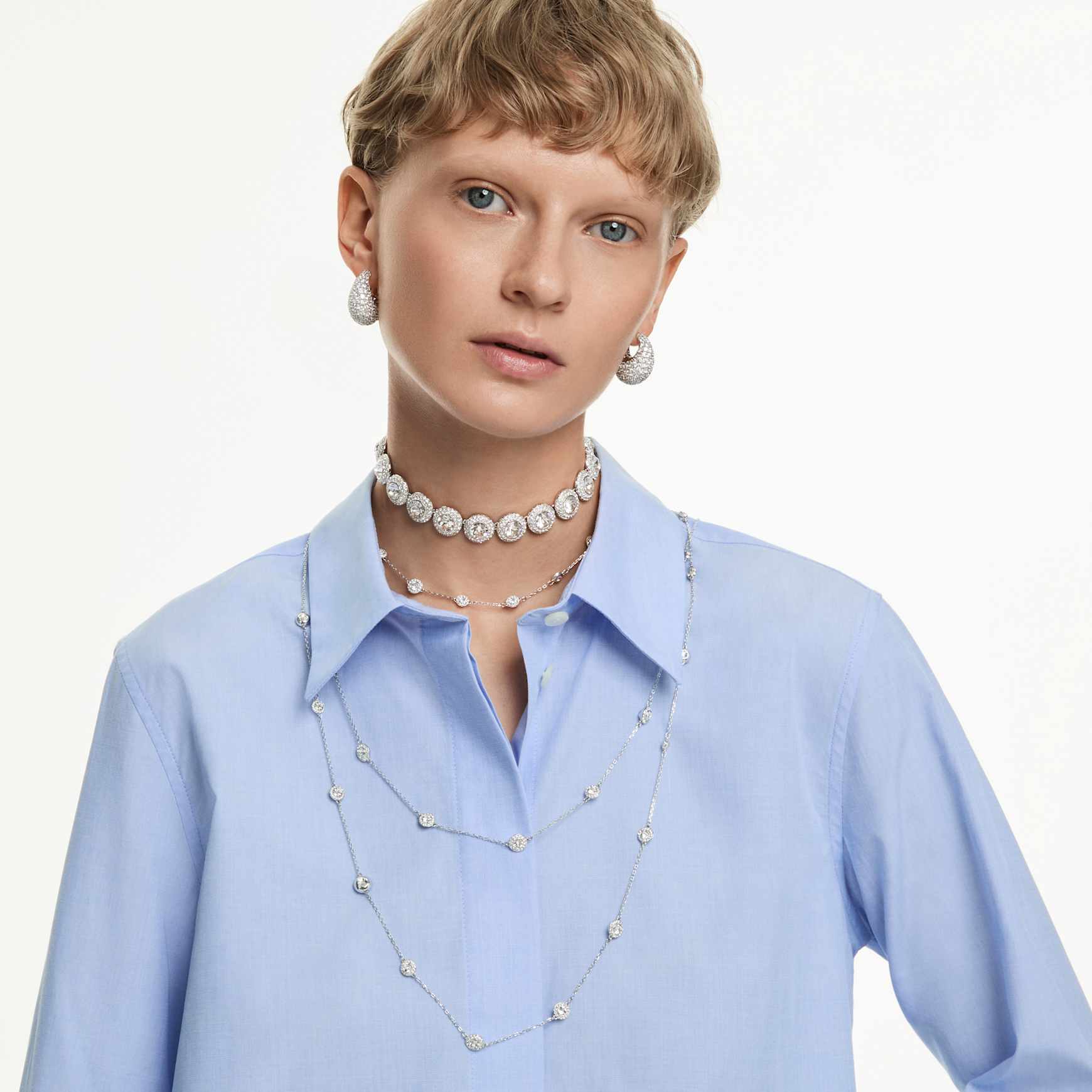 Una Angelic necklace, Round cut, Double sided motifs, White, Rhodium plated by SWAROVSKI