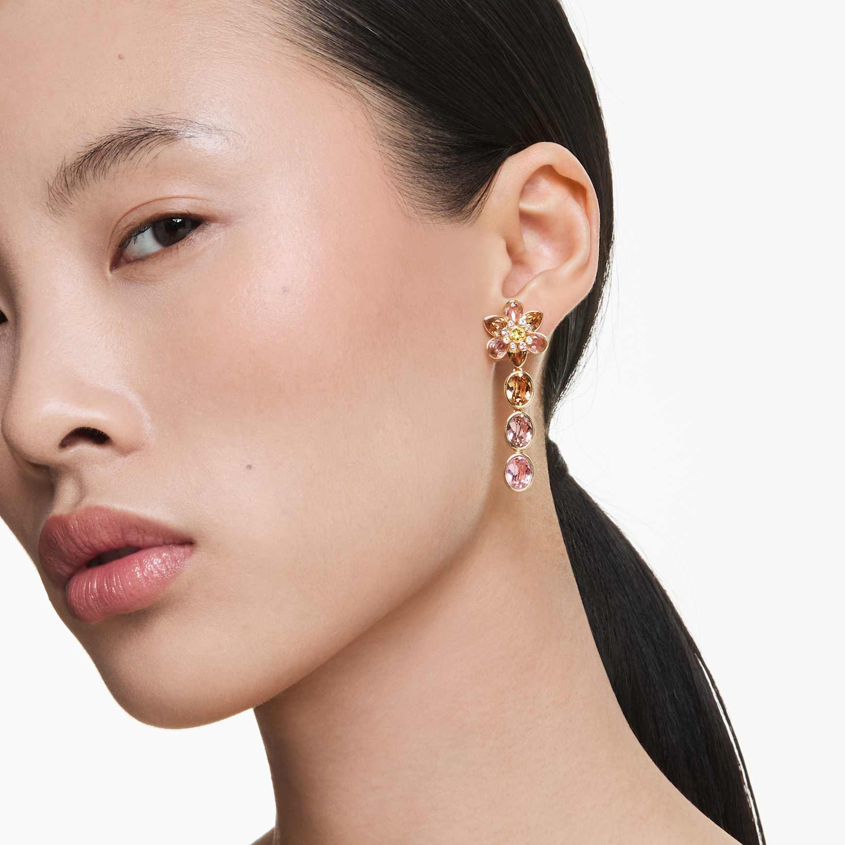 Idyllia drop earrings, Mixed cuts, Flower, Multicolored, 18K gold finish