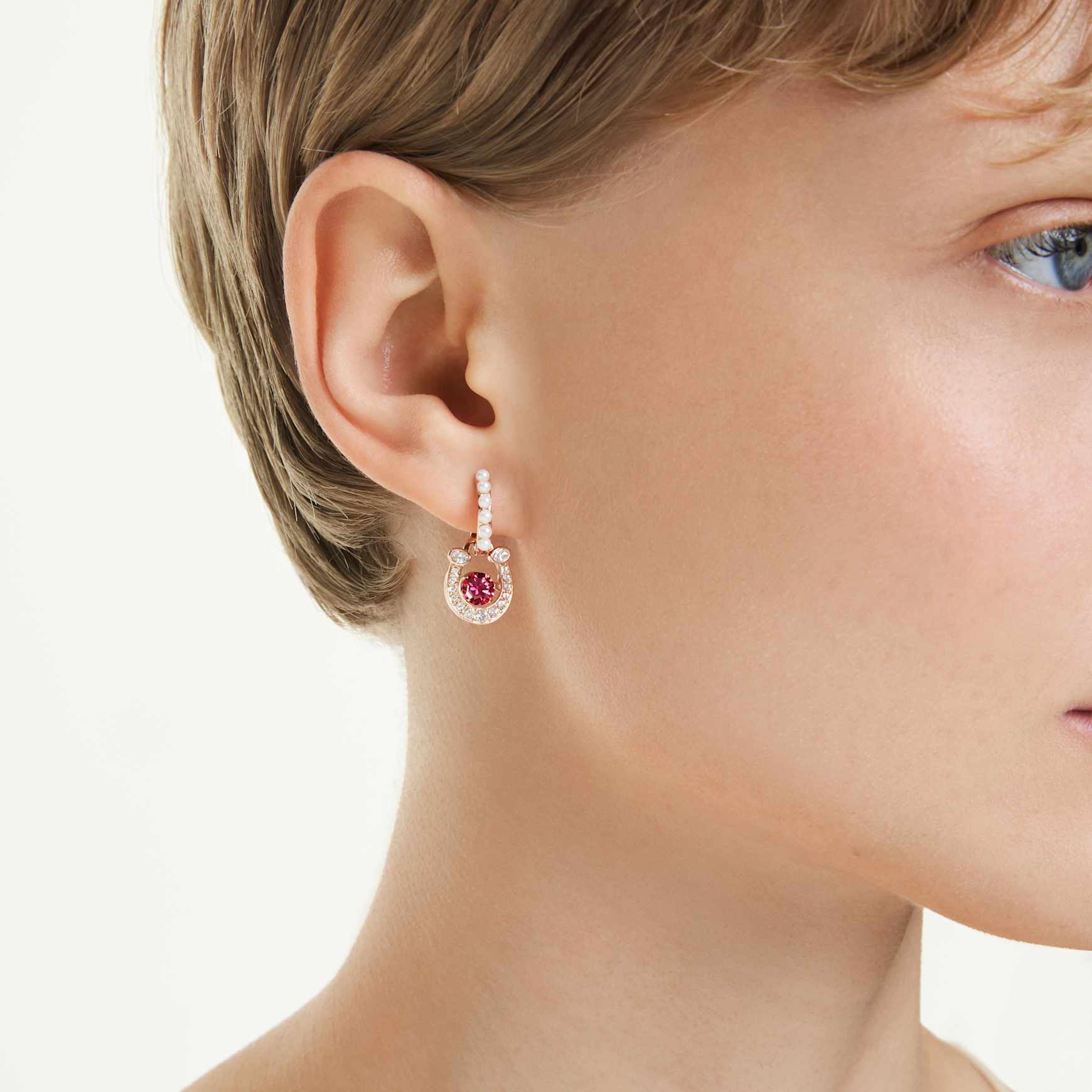 Symbolica drop earrings, Crystal pearl, Round cut, Pavé, Horseshoe, Red, Rose gold-tone plated by SWAROVSKI