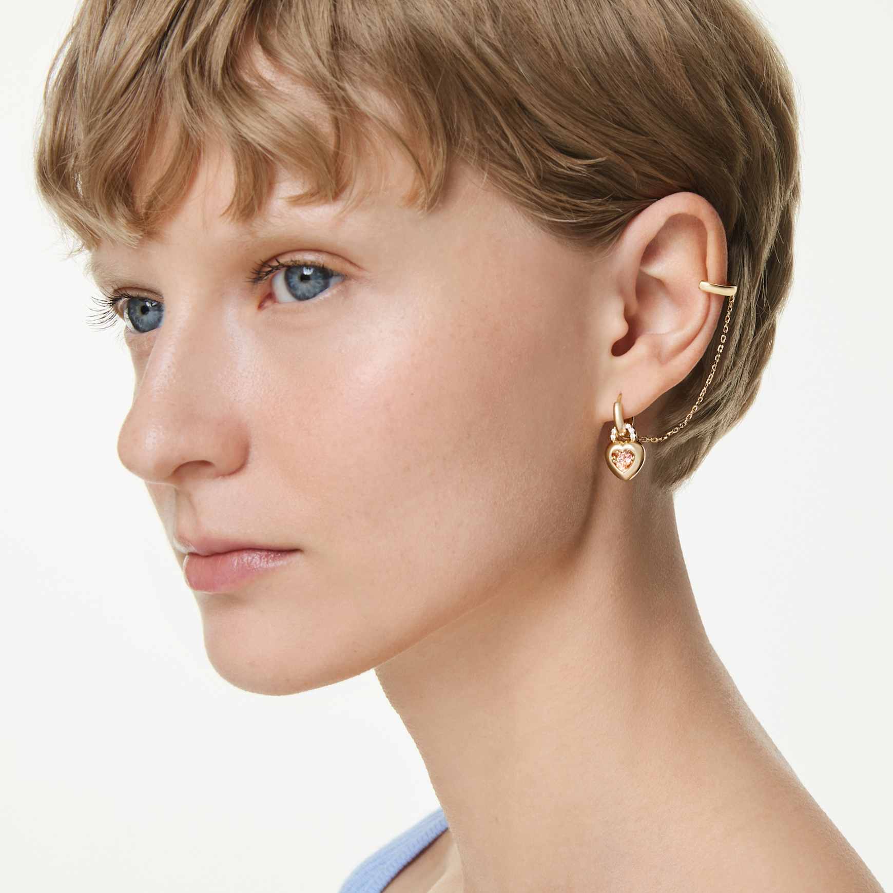 Idyllia drop earrings with ear cuff, Mixed cuts, Heart with key, Pink, 18K gold finish