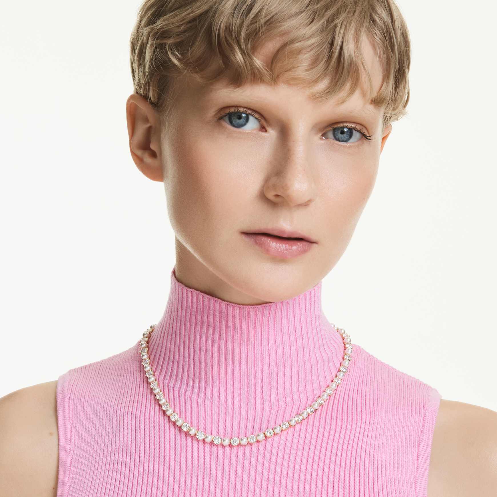 Matrix Tennis necklace, Crystal pearl, Round cut, White, Gold-tone plated by SWAROVSKI