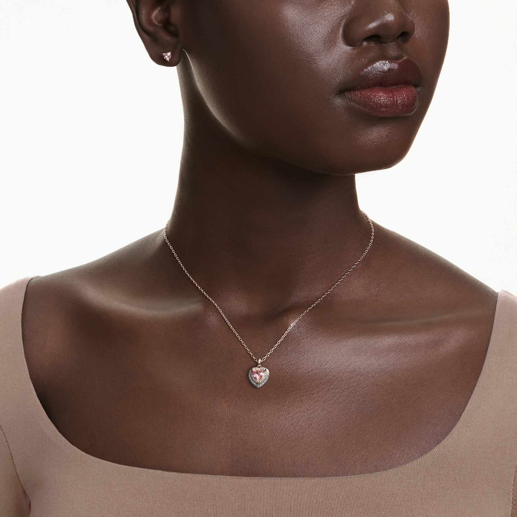 One set, Heart cut, Pavé, Heart, Pink, 18K rose gold finish