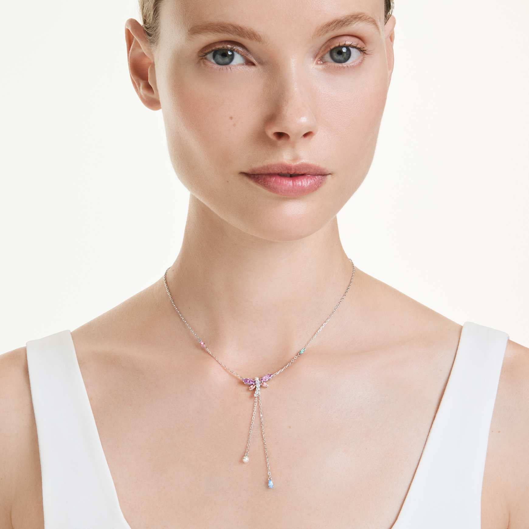Ariana Grande x Swarovski Y necklace, Mixed cuts, Dragonfly, Multicolored, Rhodium plated