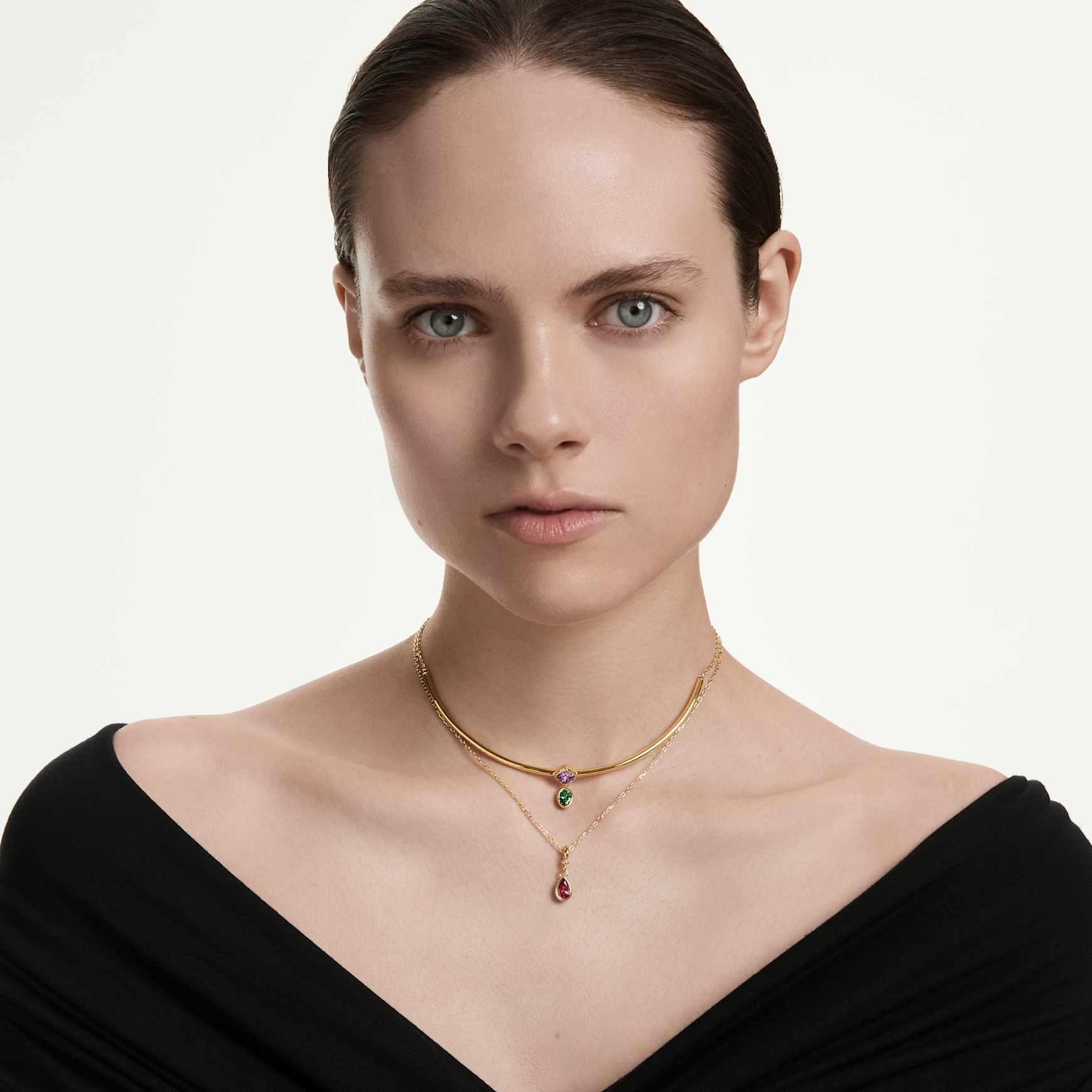 Imber layered necklace, Mixed cuts, Multicolored, 18K gold finish