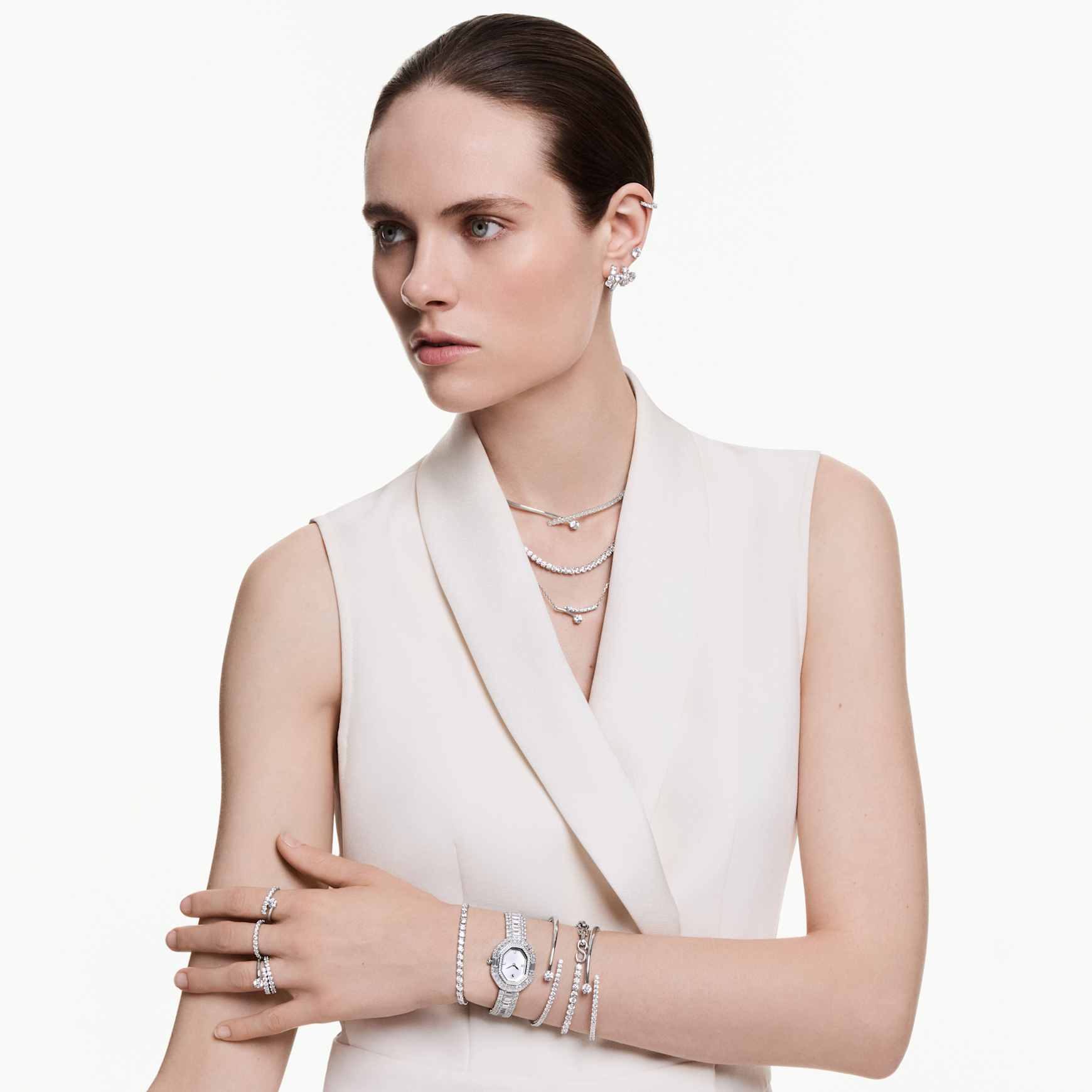 Matrix hoop earrings, Round cut, White, Rhodium plated