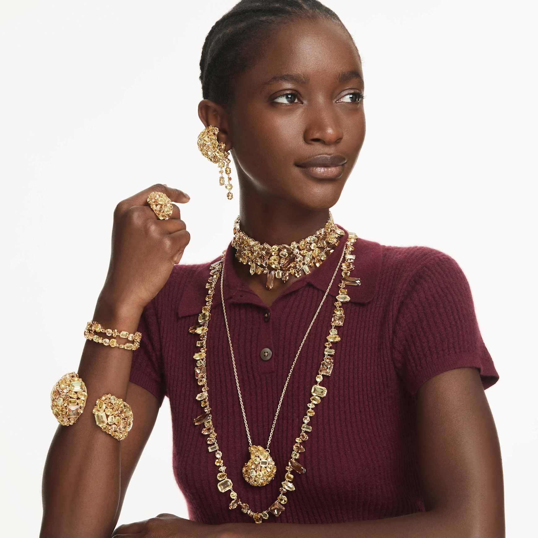 Gema necklace, Mixed cuts, Yellow, 18K gold finish