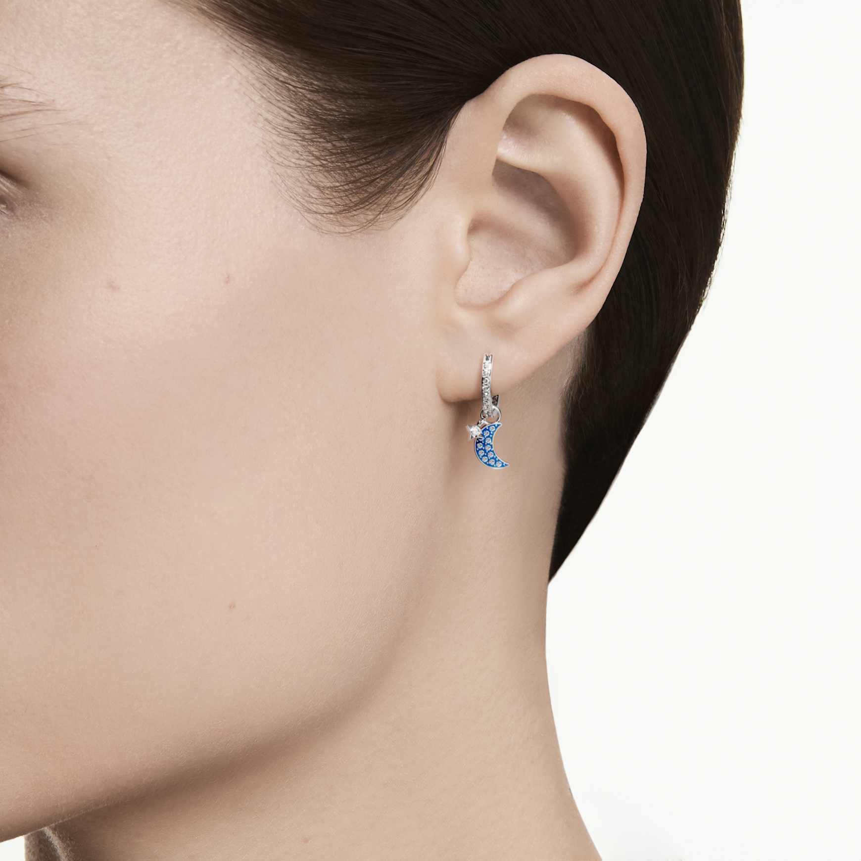 Symbolica drop earrings, Round cut, Moon, Blue, Rhodium plated