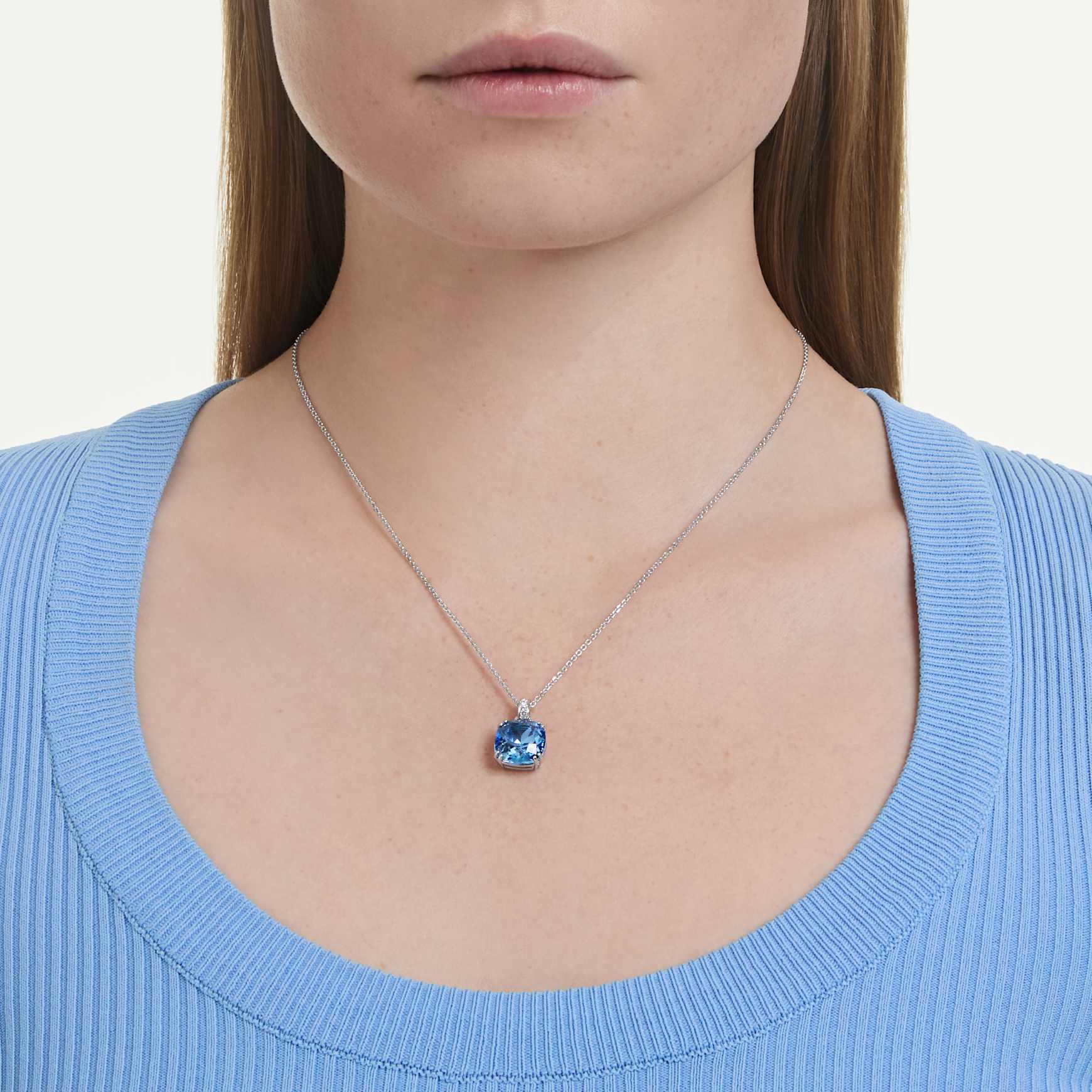 Millenia pendant, Cushion cut, Blue, Rhodium plated