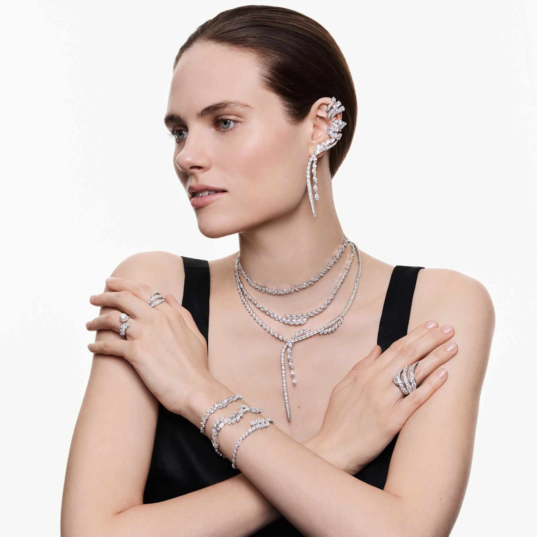 Vienna ring, Mixed cuts, Swan, White, Rhodium plated