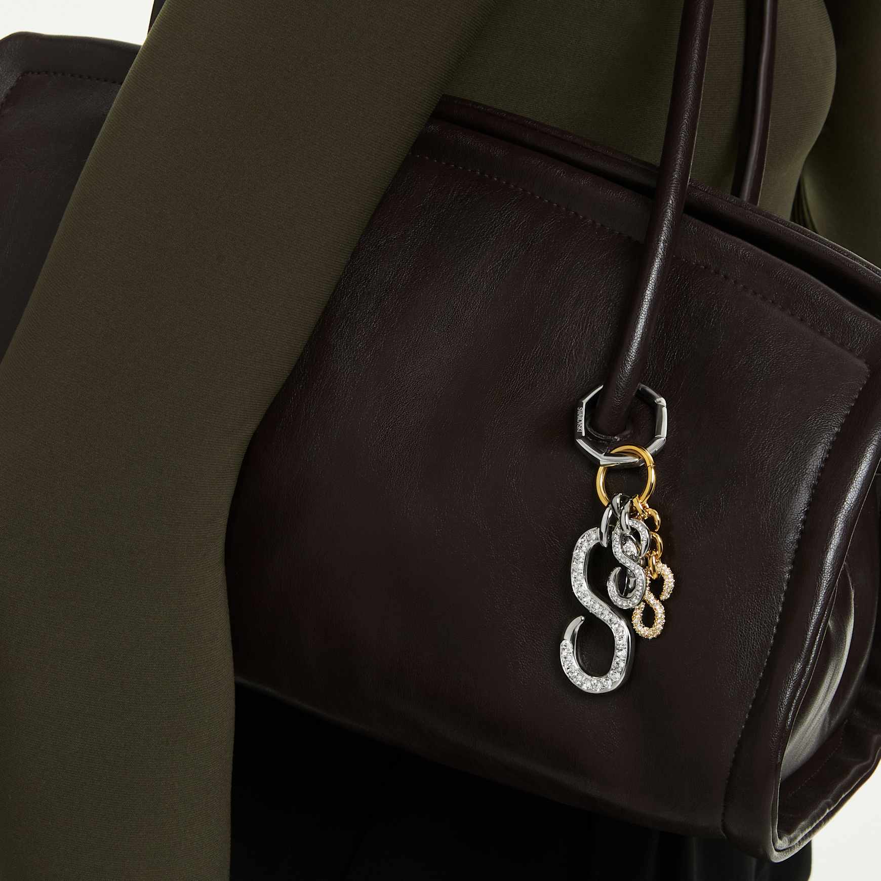 Bag charm, Round cut, White, Mixed metal finish