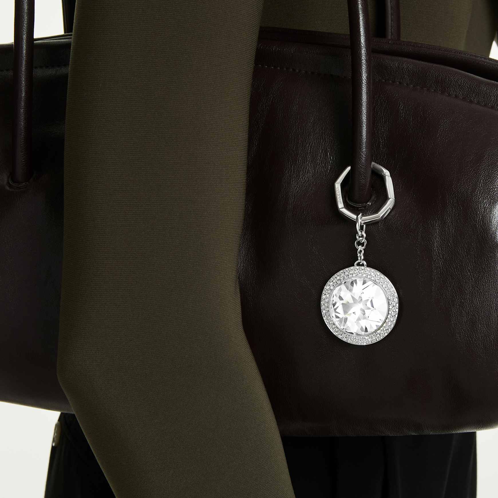 Bag charm, Round cut, White, Rhodium plated