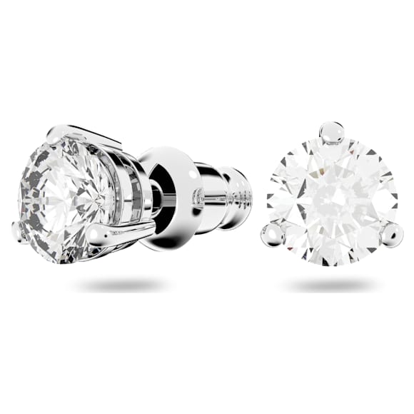 Solitaire stud earrings, Round cut, White, Rhodium plated - Swarovski, 1800046