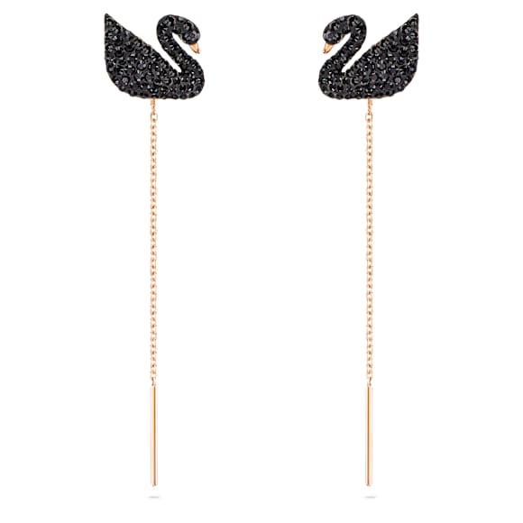 Swan 水滴形耳环, 天鹅, 黑色, 镀玫瑰金色调 - Swarovski, 5351805