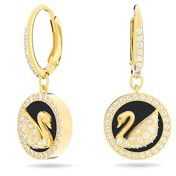 Leather Swan 水滴形耳环, 天鹅, 黑色, 镀金色调 - Swarovski, 5374918