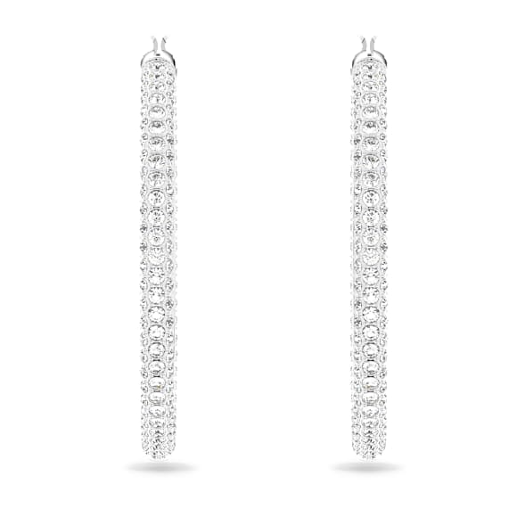 Dextera hoop earrings, Pavé, Large, White, Rhodium plated | Swarovski
