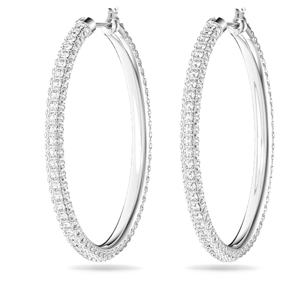 Dextera hoop earrings, Pavé, Large, White, Rhodium plated | Swarovski