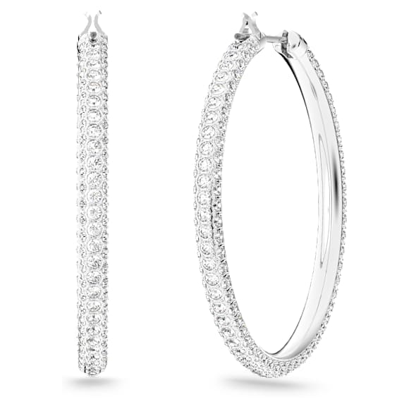 Stone hoop earrings, Pavé, Large, White, Rhodium plated - Swarovski, 5389432