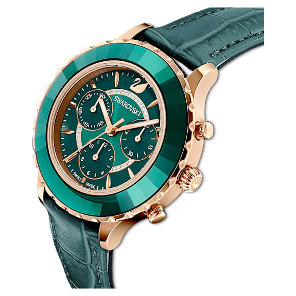 Montre Octea Lux Chrono, Fabriqué en Suisse, Bracelet en cuir, Verte, Finition or rose - Swarovski, 5452498
