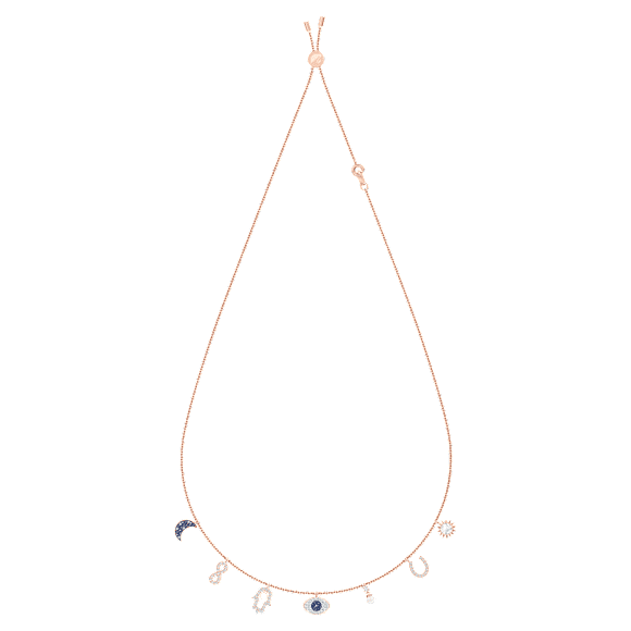 Symbolica necklace, Moon, infinity, hand, evil eye and horseshoe, Blue, Rose gold-tone plated - Swarovski, 5497664