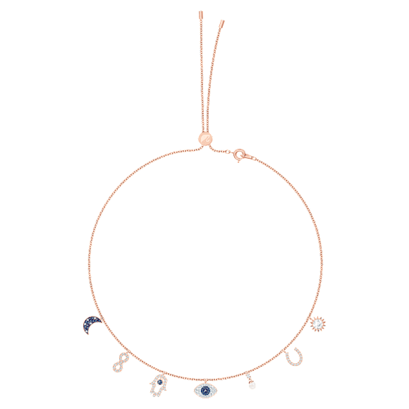 Symbolica necklace, Moon, infinity, hand, evil eye and horseshoe, Blue, Rose gold-tone plated - Swarovski, 5497664