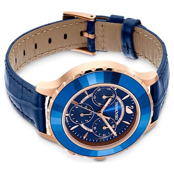 Octea Lux Chrono 腕表, 瑞士制造, 真皮表带, 蓝色, 玫瑰金色调润饰 - Swarovski, 5563480