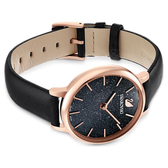 Crystalline Joy watch, Swiss Made, Leather strap, Black, Rose gold-tone finish - Swarovski, 5573857