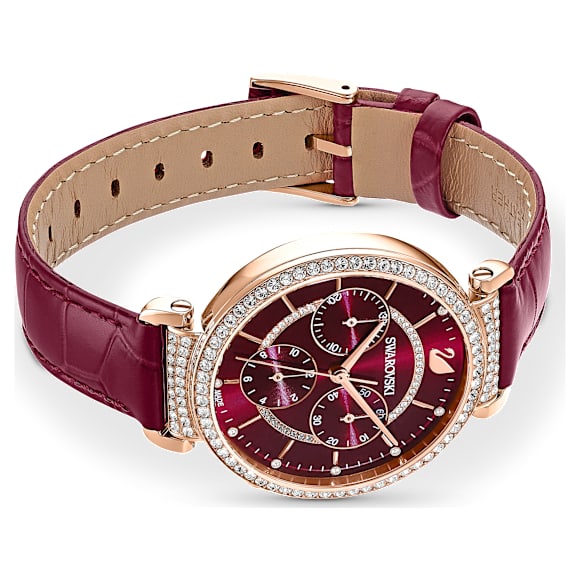Passage Chrono watch, Swiss Made, Leather strap, Red, Rose gold-tone finish - Swarovski, 5580345
