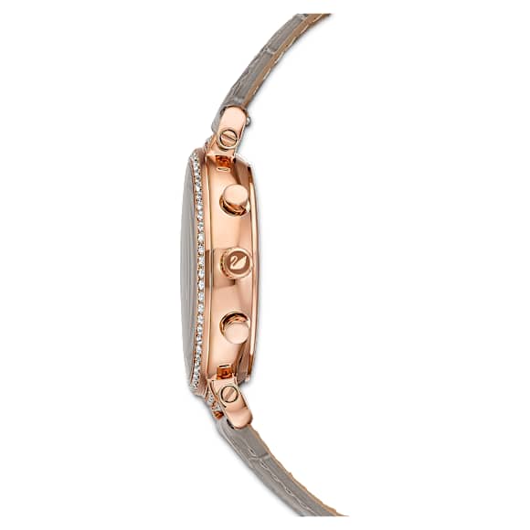 Passage Chrono watch, Swiss Made, Leather strap, Grey, Rose gold-tone finish - Swarovski, 5580348