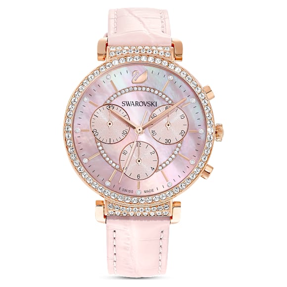 Passage Chrono watch, Swiss Made, Leather strap, Pink, Rose gold-tone finish - Swarovski, 5580352