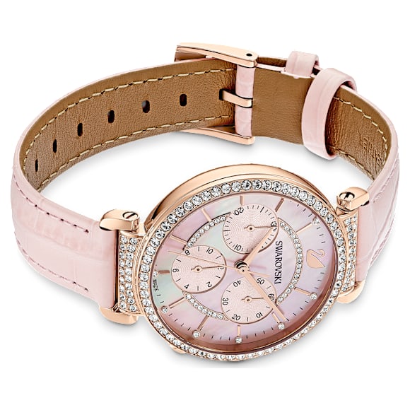 Passage Chrono watch, Swiss Made, Leather strap, Pink, Rose gold-tone finish - Swarovski, 5580352