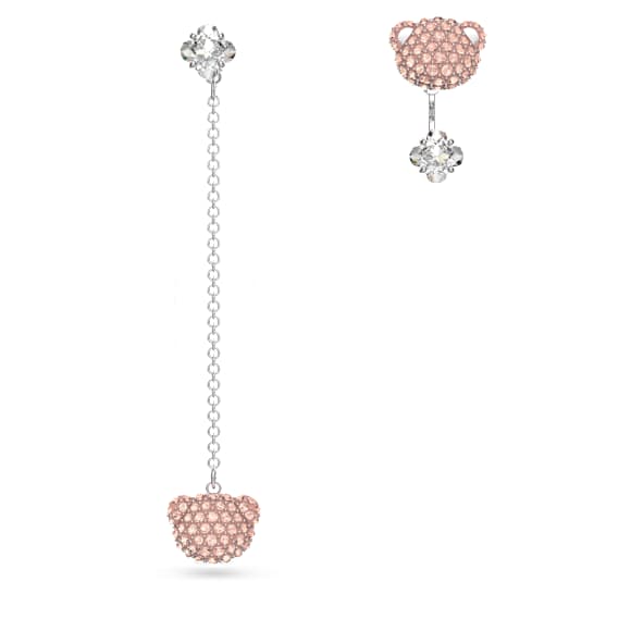 Teddy 水滴形耳环, 非对称设计, 熊, 粉红色, 镀铑 - Swarovski, 5597924