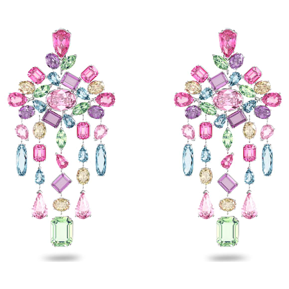 Gema clip earrings, Mixed cuts, Chandelier, Extra long, Multicoloured, Rhodium plated - Swarovski, 5601887