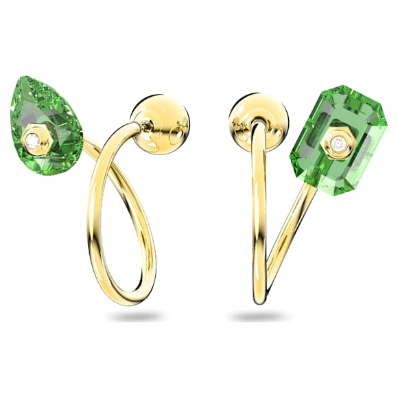 Numina drop earrings, Asymmetrical design, Mixed cuts, Green, Gold-tone plated - Swarovski, 5613541