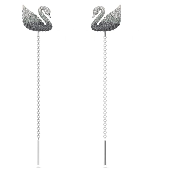 Swan drop earrings, Swan, Gray, Rhodium plated - Swarovski, 5614117