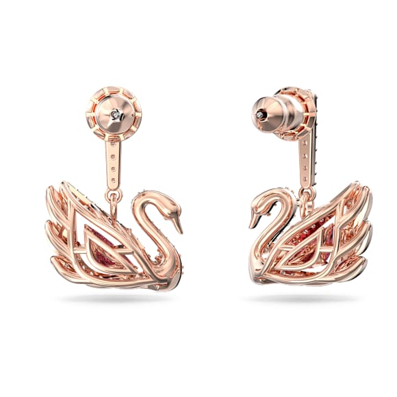 Swan drop earrings, Swan, Red, Rose gold-tone plated - Swarovski, 5614124