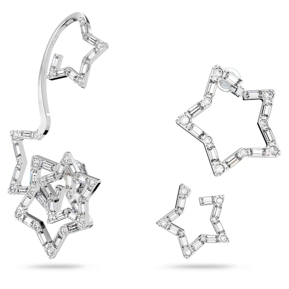 Pendiente ear cuff Stella, Conjunto (3), Tallas mixtas, Estrella, Blanco, Baño de rodio - Swarovski, 5617757