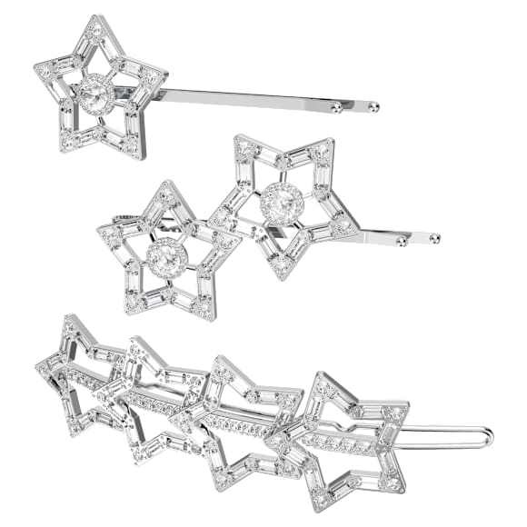 发夹, 套装 (3), 混合切割, 星星, 白色, 镀铑 - Swarovski, 5617759