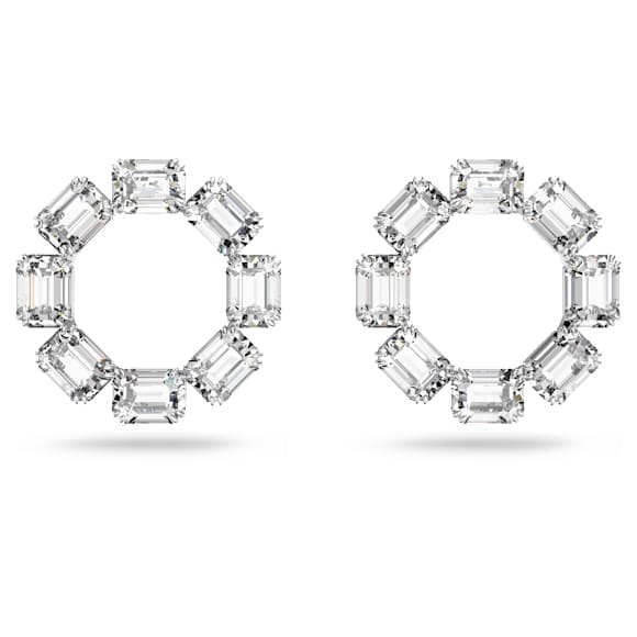 Millenia hoop earrings, Octagon cut, White, Rhodium plated - Swarovski, 5618629