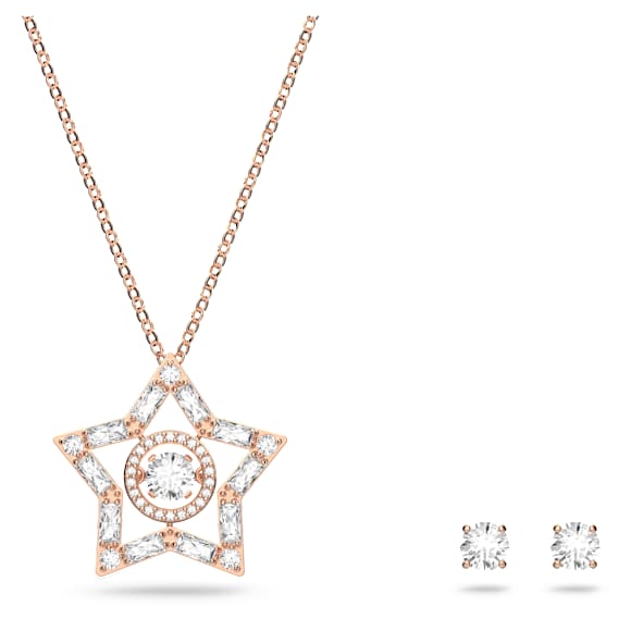 Komplet Stella, Mešani rezi, Zvezda, Bela, Prevleka rožnato zlatega odtenka - Swarovski, 5622730