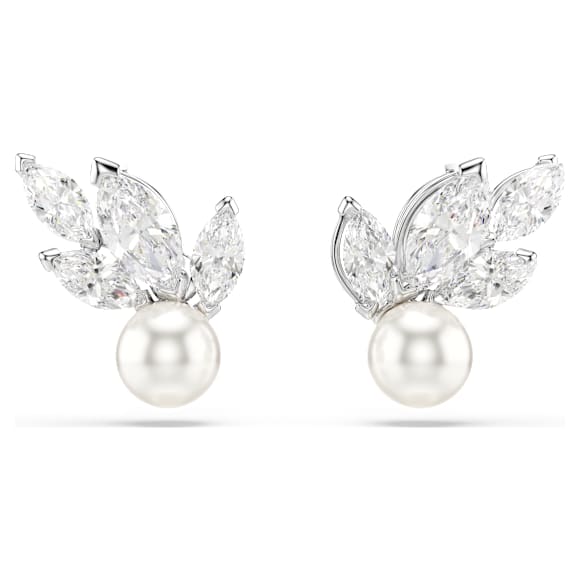 Louison Pearl düğme Küpeler, Yaprak, Beyaz, Rodyum kaplama | Swarovski
