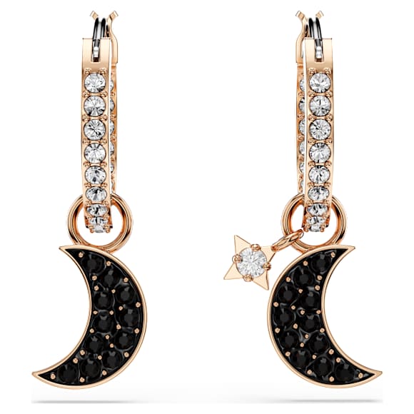 Symbolica damla küpeler, Ay ve yıldız, Siyah, 18k pembe altın rengi yüzey - Swarovski, 5627352